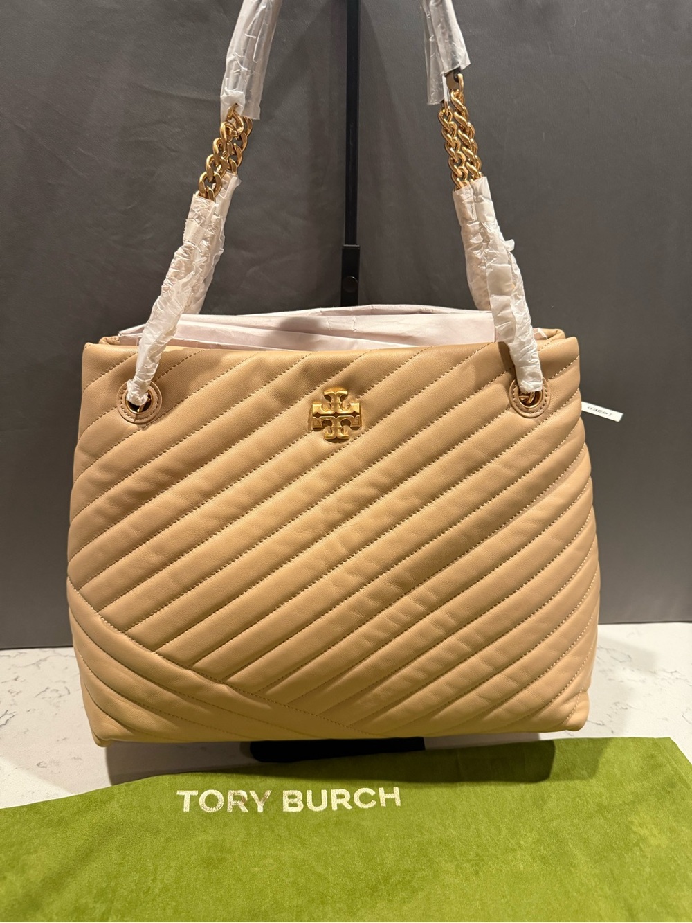Tory Burch Quilted Beige Shoulder Tote with Gold Chain Straps